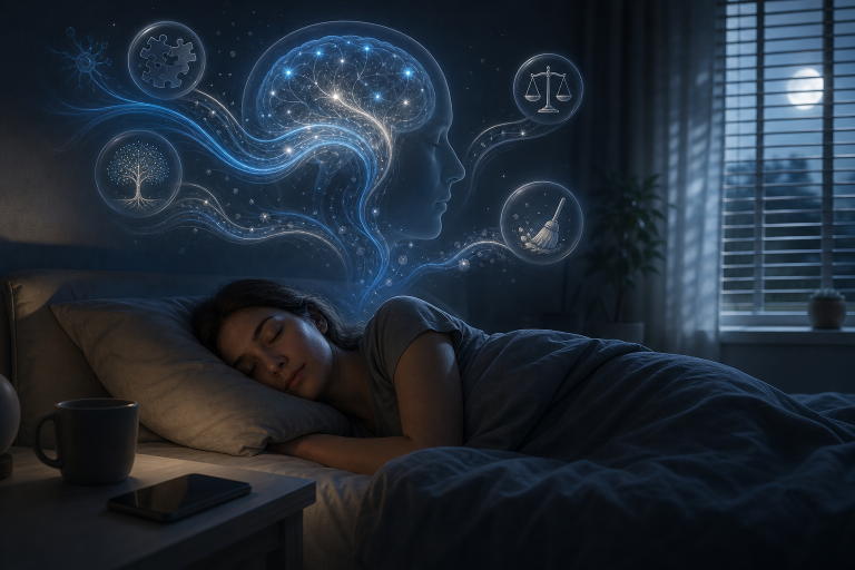 An editorial-style scene of a person peacefully asleep in a cool, dim bedroom at night, soft moonlight filtering through blinds, subtle visual metaphor of the brain being cleaned and restored during sleep with delicate flowing blue and silver currents around a translucent head silhouette above the pillow, gentle icons suggesting memory consolidation, emotional balance, and waste clearance, a cup of coffee and phone set aside on a bedside table, calm minimalist composition, realistic yet slightly conceptual, cinematic lighting, muted blues and grays, high detail, no text, no captions, no logos